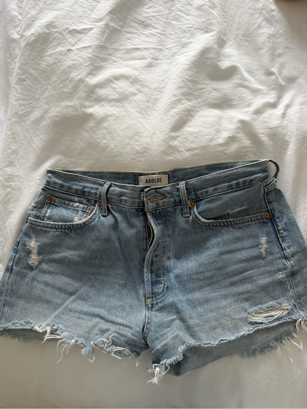 AGOLDE Light Blue Distressed Denim Shorts